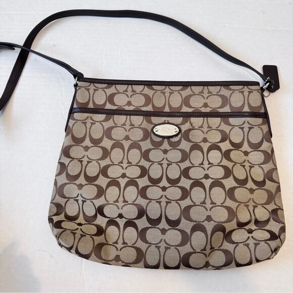 Coach Brown Tan Signature Canvas Crossbody Bag Handbag Purse Leather Trim - Picture 1 of 12